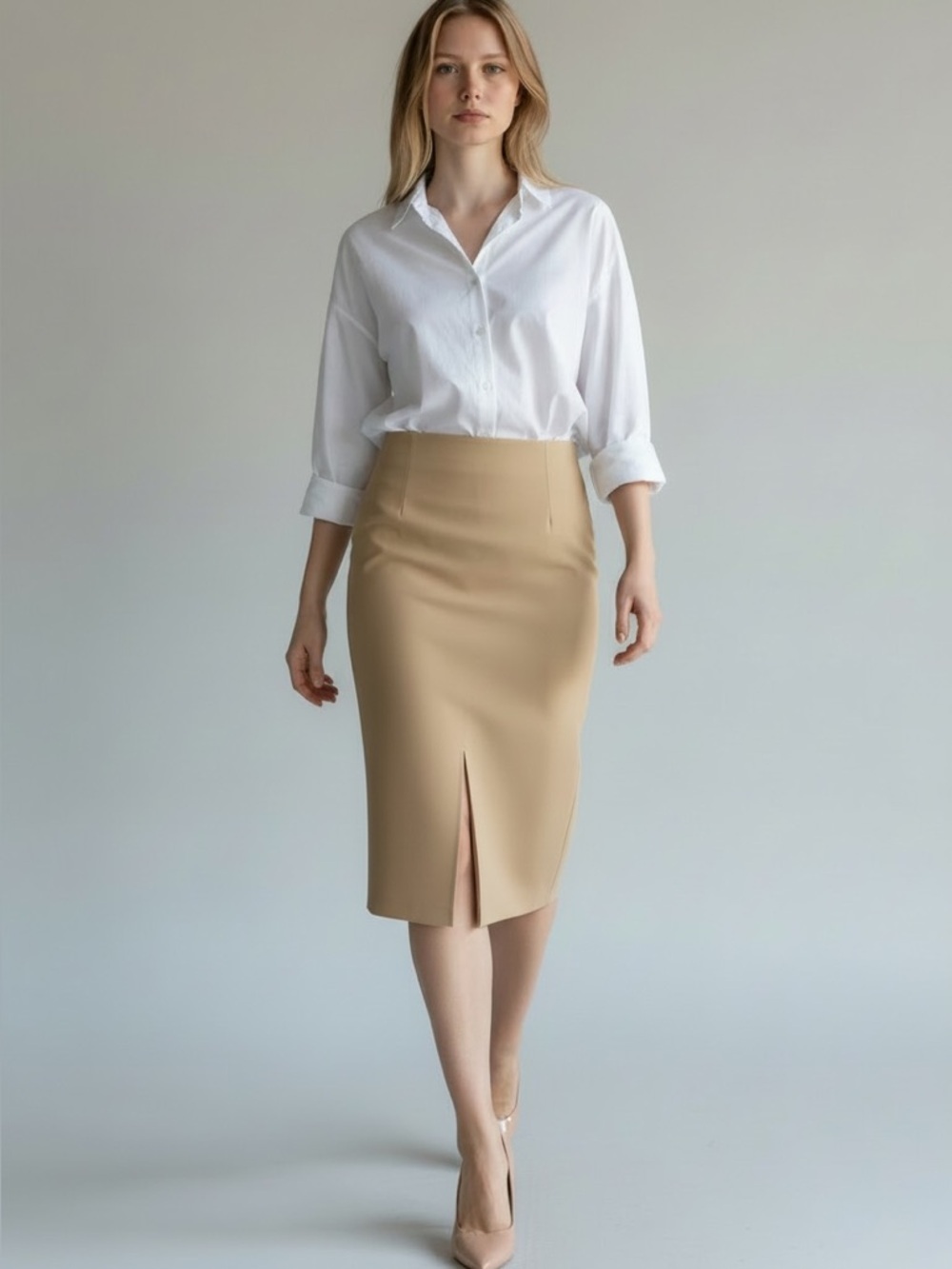 Dynamite Classic Camel Tan Pencil Skirt with Front Slit Size 4